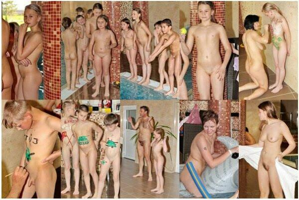 Young and adult bare nudists in the pool