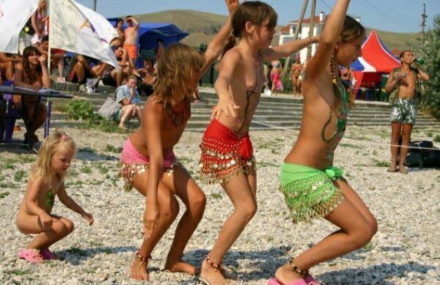 Family nudism - competition of dances among children of nudists